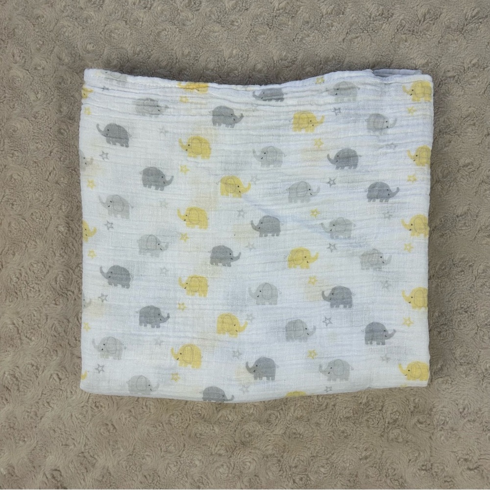 Falls Creek Baby Elephant Baby Swaddle Blanket Stars Yellow Gray White Muslin